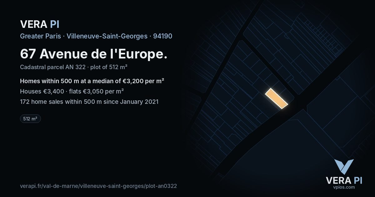 67 Avenue de l'Europe, Villeneuve-Saint-Georges at night – the plot lit, the parcels around coloured by the prices near them