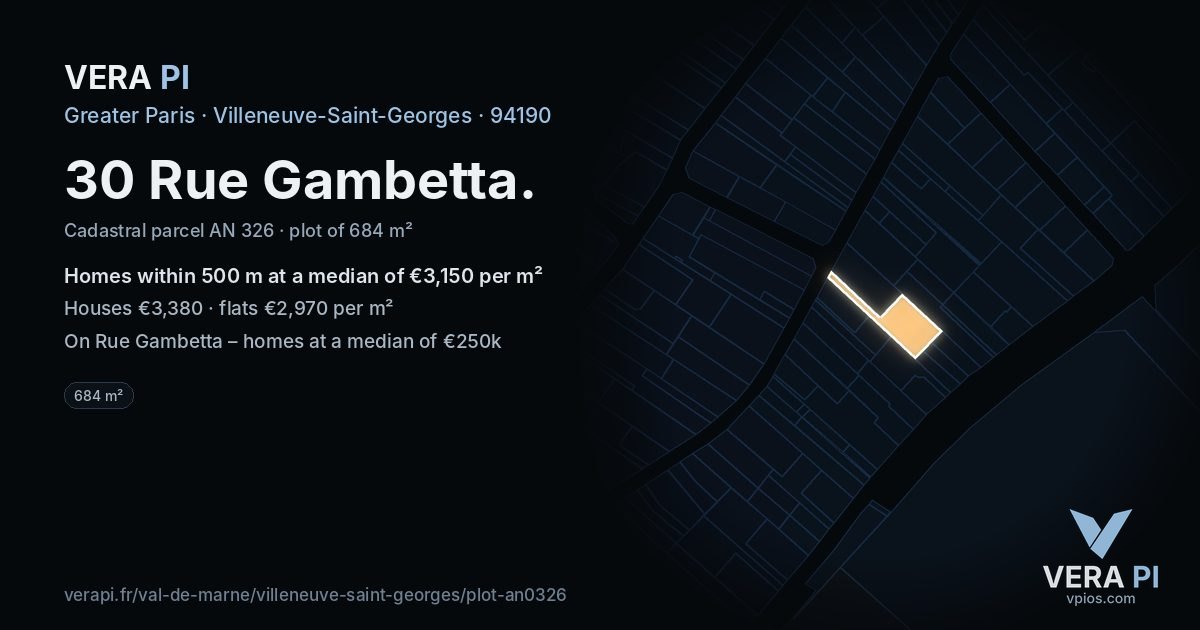30 Rue Gambetta, Villeneuve-Saint-Georges at night – the plot lit, the parcels around coloured by the prices near them
