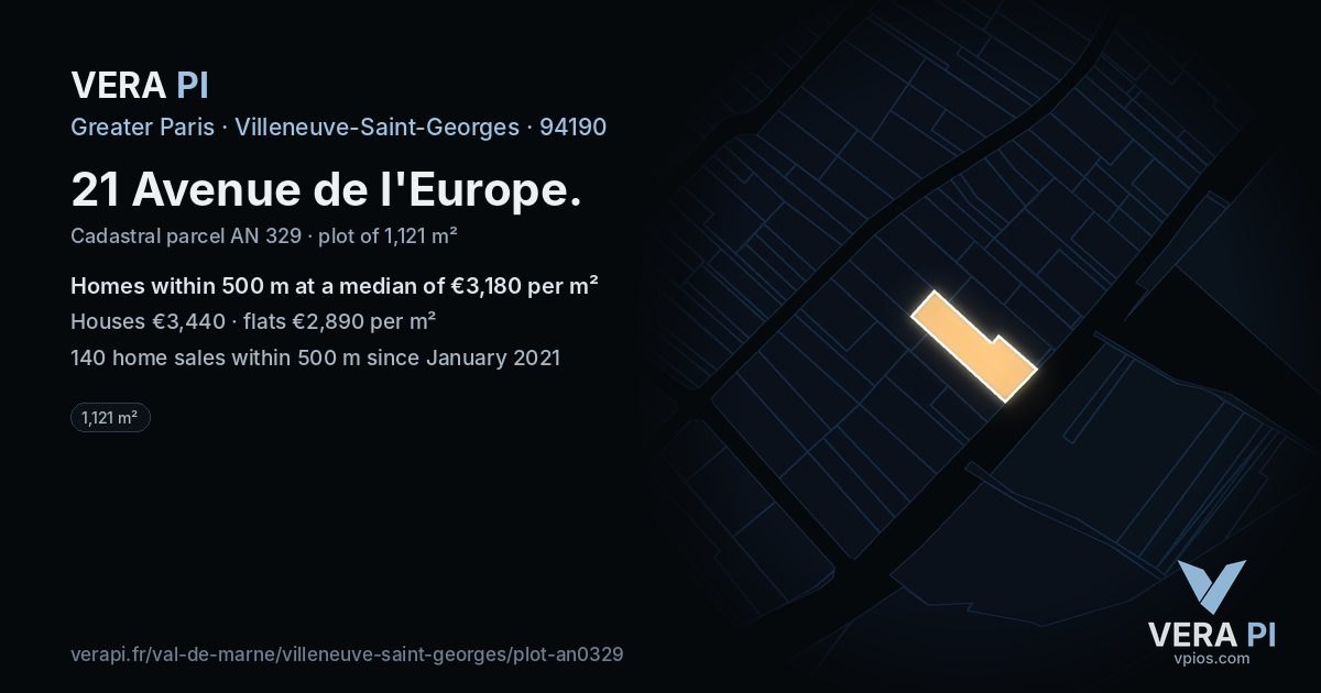 21 Avenue de l'Europe, Villeneuve-Saint-Georges at night – the plot lit, the parcels around coloured by the prices near them