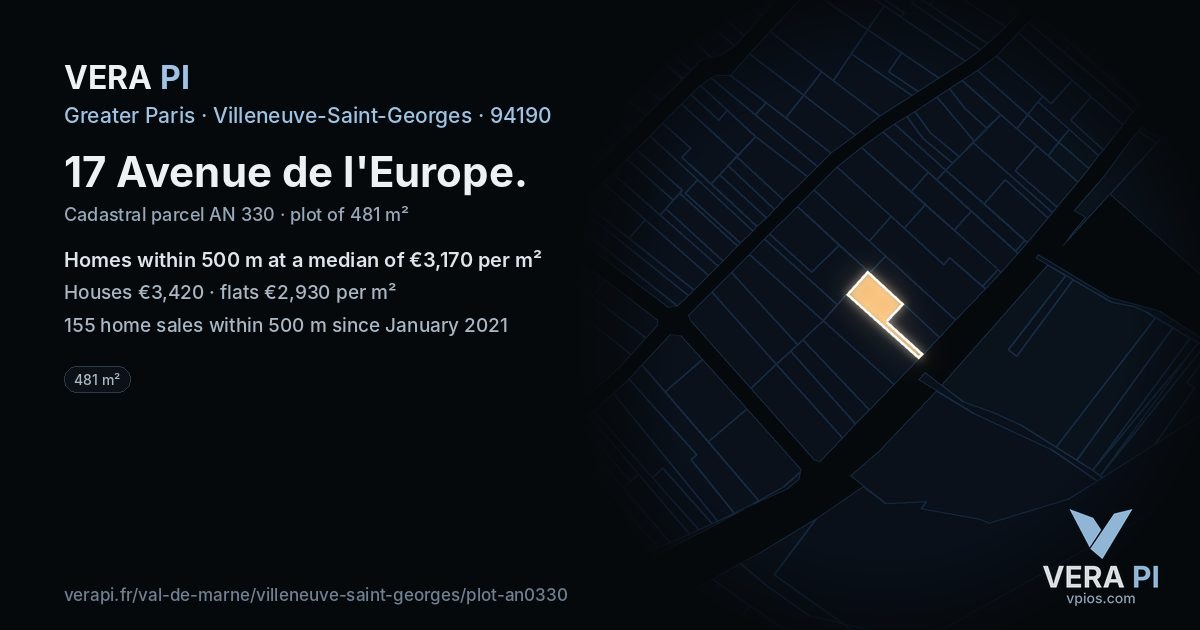 17 Avenue de l'Europe, Villeneuve-Saint-Georges at night – the plot lit, the parcels around coloured by the prices near them