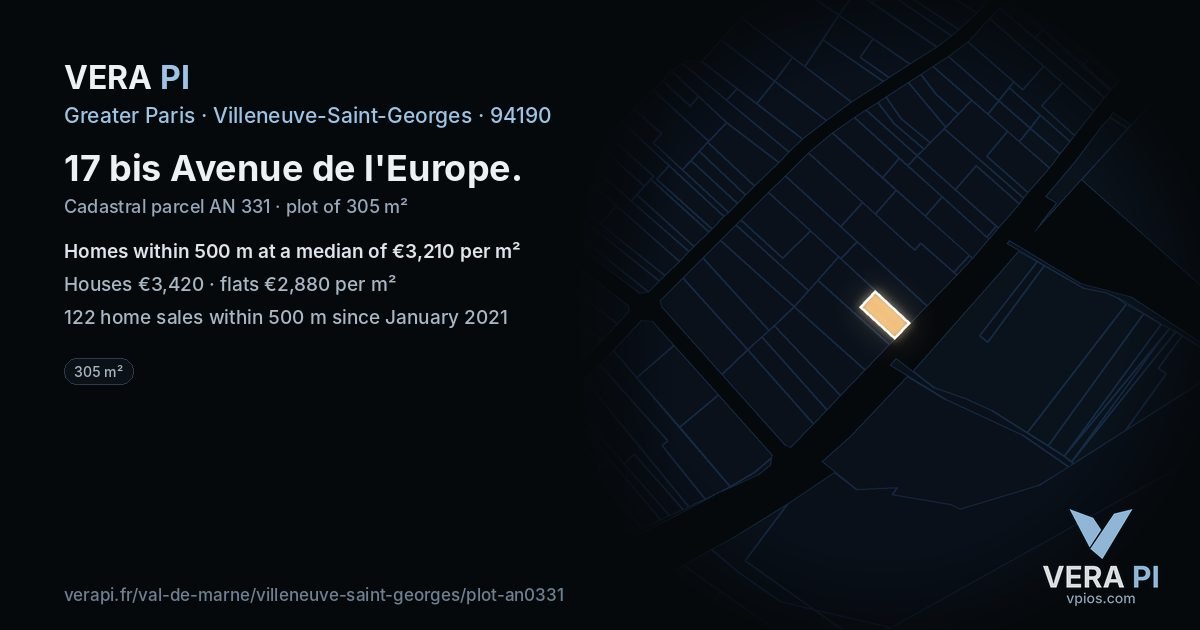 17 bis Avenue de l'Europe, Villeneuve-Saint-Georges at night – the plot lit, the parcels around coloured by the prices near them