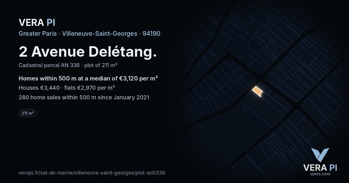 2 Avenue Delétang, Villeneuve-Saint-Georges at night – the plot lit, the parcels around coloured by the prices near them