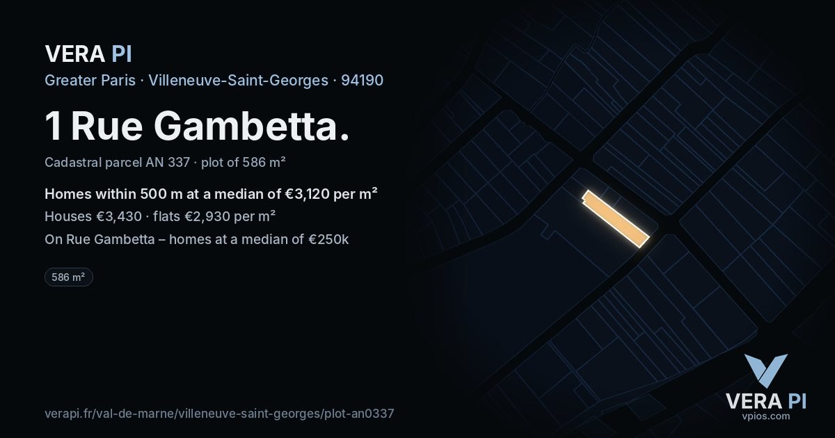 1 Rue Gambetta, Villeneuve-Saint-Georges at night – the plot lit, the parcels around coloured by the prices near them