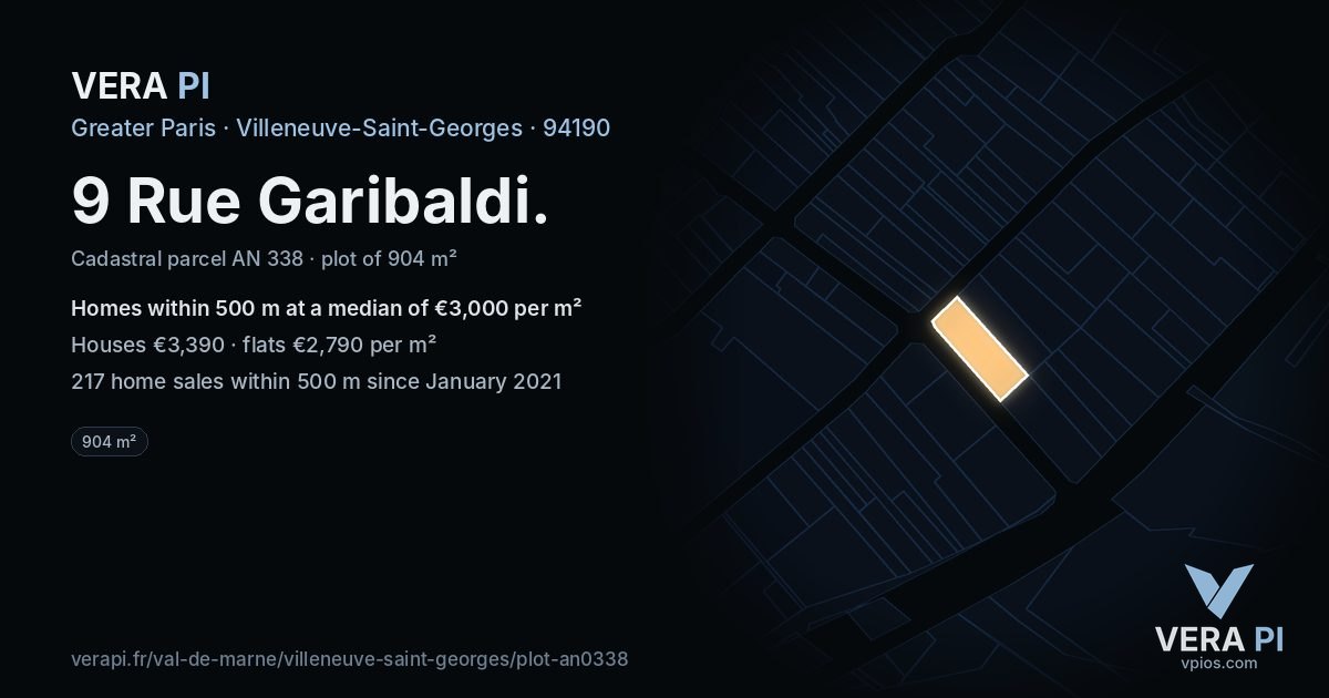 9 Rue Garibaldi, Villeneuve-Saint-Georges at night – the plot lit, the parcels around coloured by the prices near them