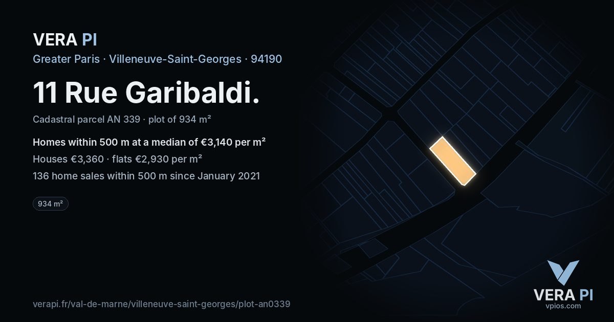 11 Rue Garibaldi, Villeneuve-Saint-Georges at night – the plot lit, the parcels around coloured by the prices near them