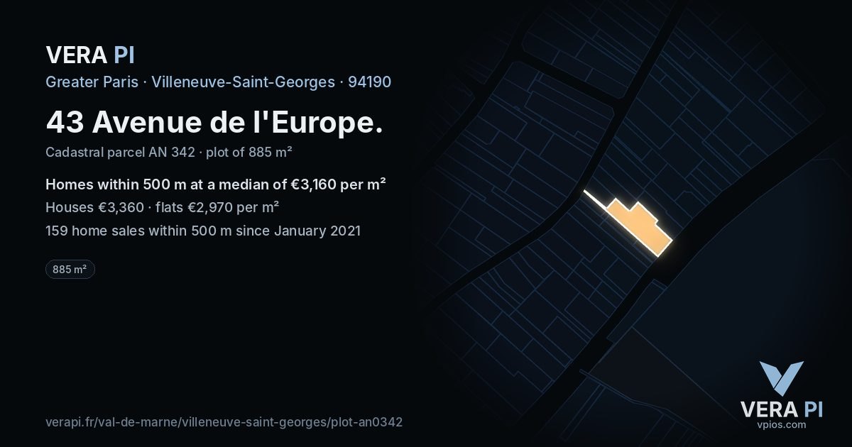 43 Avenue de l'Europe, Villeneuve-Saint-Georges at night – the plot lit, the parcels around coloured by the prices near them
