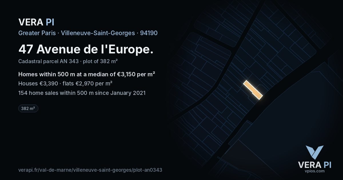 47 Avenue de l'Europe, Villeneuve-Saint-Georges at night – the plot lit, the parcels around coloured by the prices near them