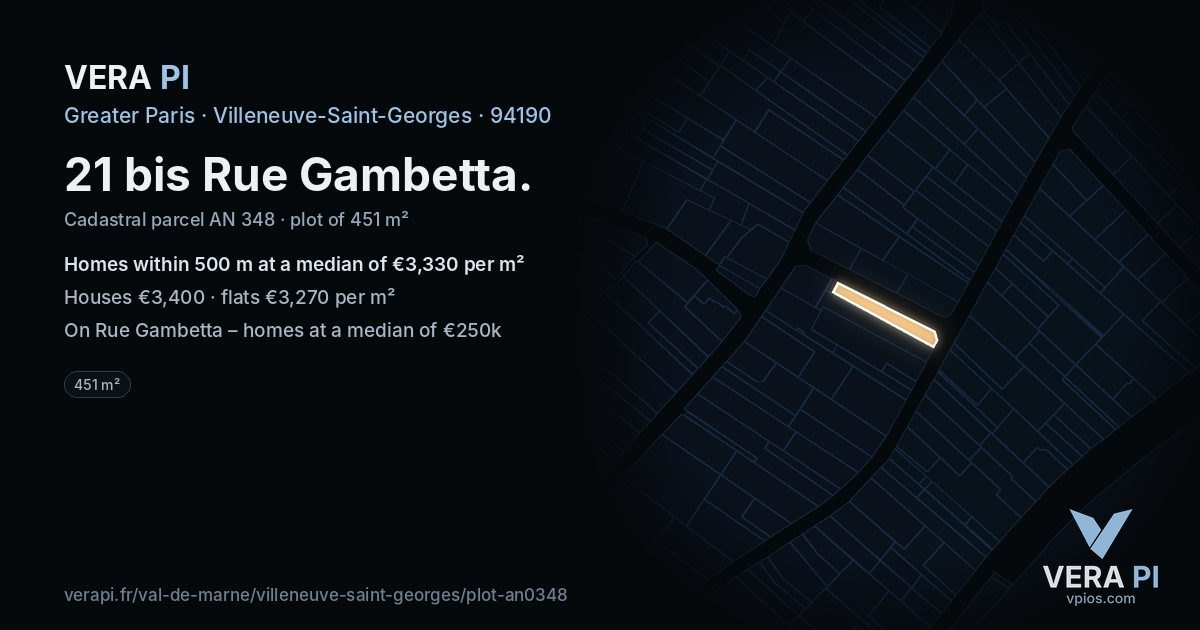 21 bis Rue Gambetta, Villeneuve-Saint-Georges at night – the plot lit, the parcels around coloured by the prices near them