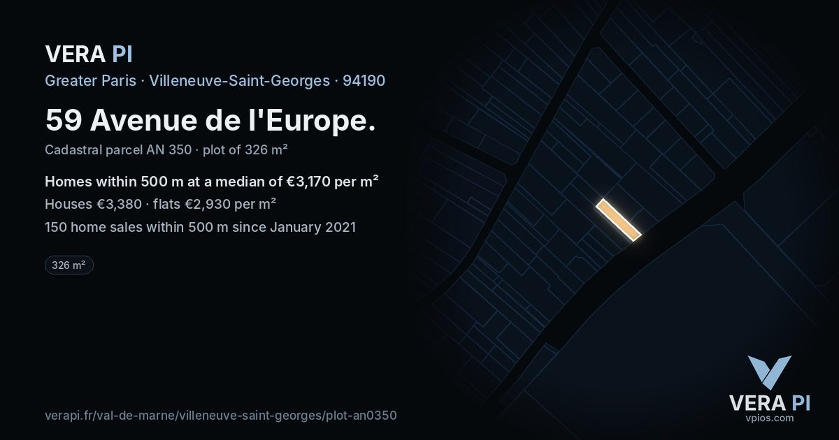 59 Avenue de l'Europe, Villeneuve-Saint-Georges at night – the plot lit, the parcels around coloured by the prices near them