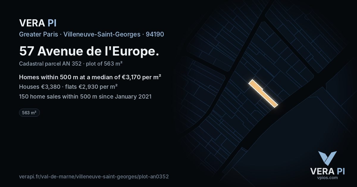 57 Avenue de l'Europe, Villeneuve-Saint-Georges at night – the plot lit, the parcels around coloured by the prices near them