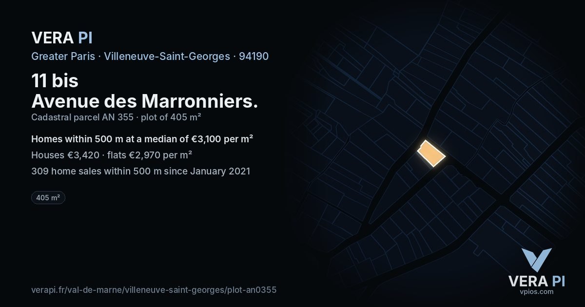 11 bis Avenue des Marronniers, Villeneuve-Saint-Georges at night – the plot lit, the parcels around coloured by the prices near them