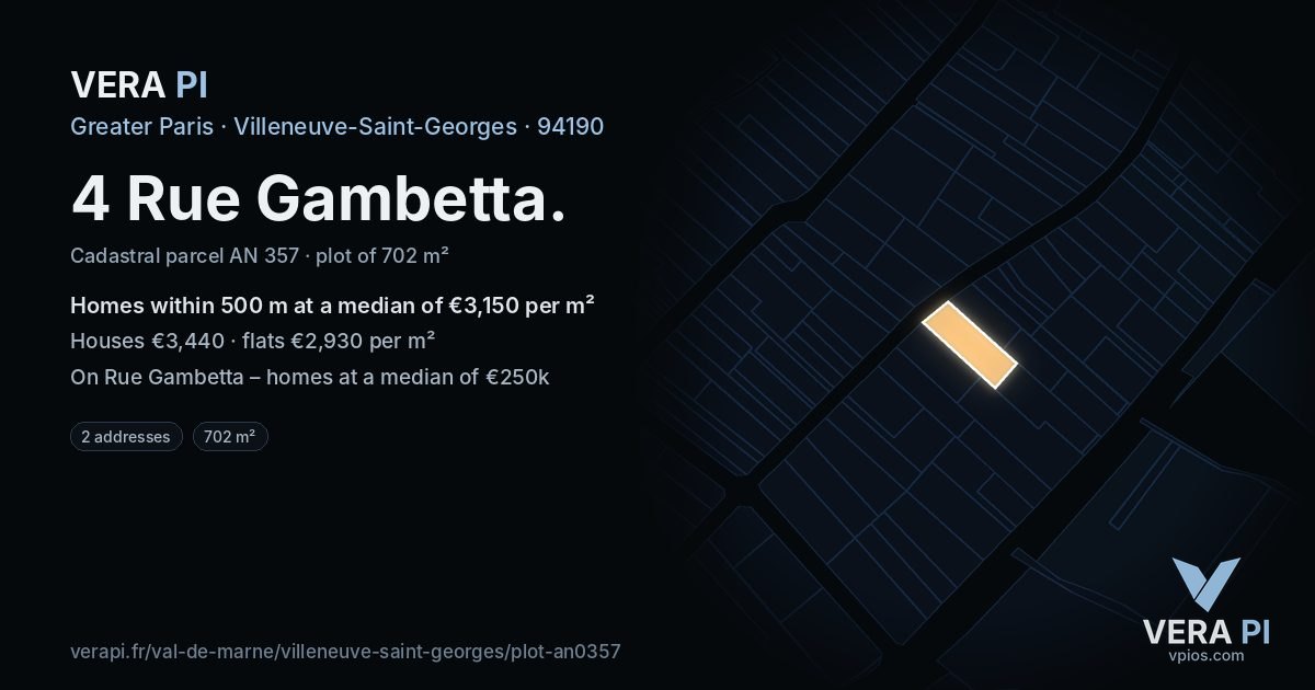 4 Rue Gambetta, Villeneuve-Saint-Georges at night – the plot lit, the parcels around coloured by the prices near them