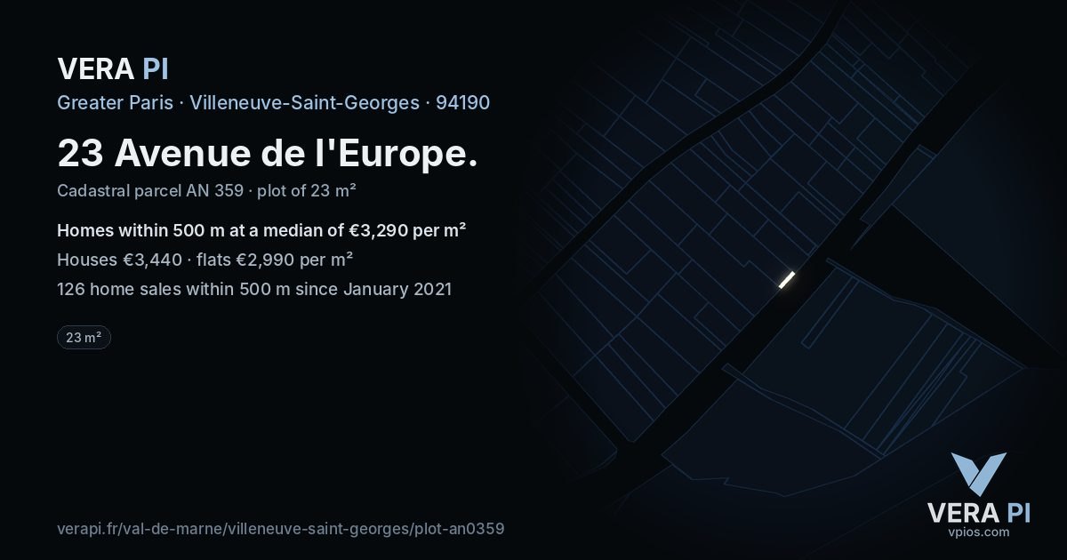 23 Avenue de l'Europe, Villeneuve-Saint-Georges at night – the plot lit, the parcels around coloured by the prices near them