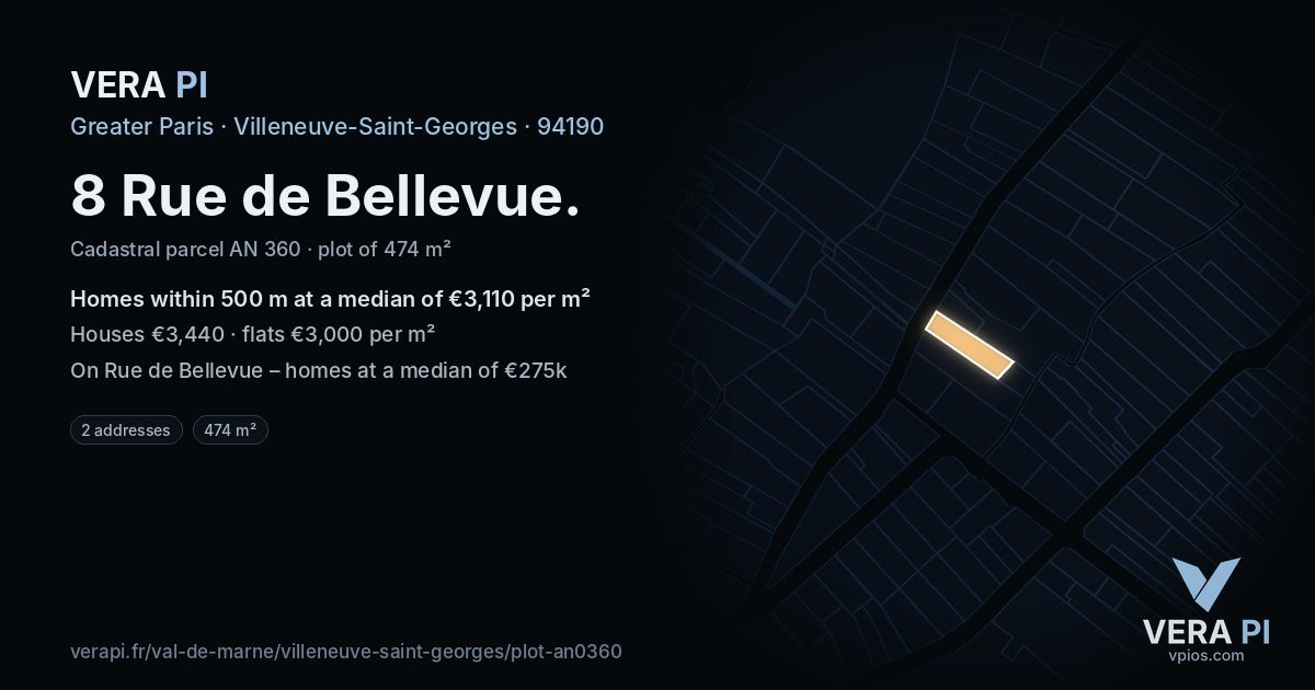 8 Rue de Bellevue, Villeneuve-Saint-Georges at night – the plot lit, the parcels around coloured by the prices near them