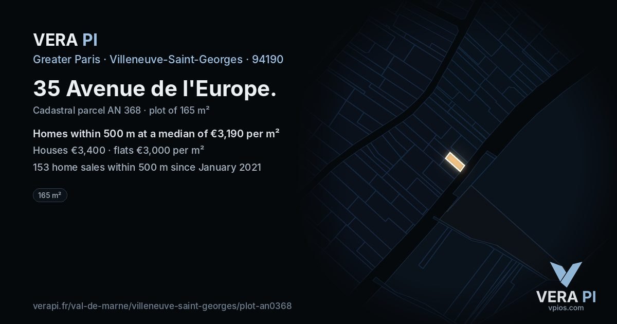 35 Avenue de l'Europe, Villeneuve-Saint-Georges at night – the plot lit, the parcels around coloured by the prices near them