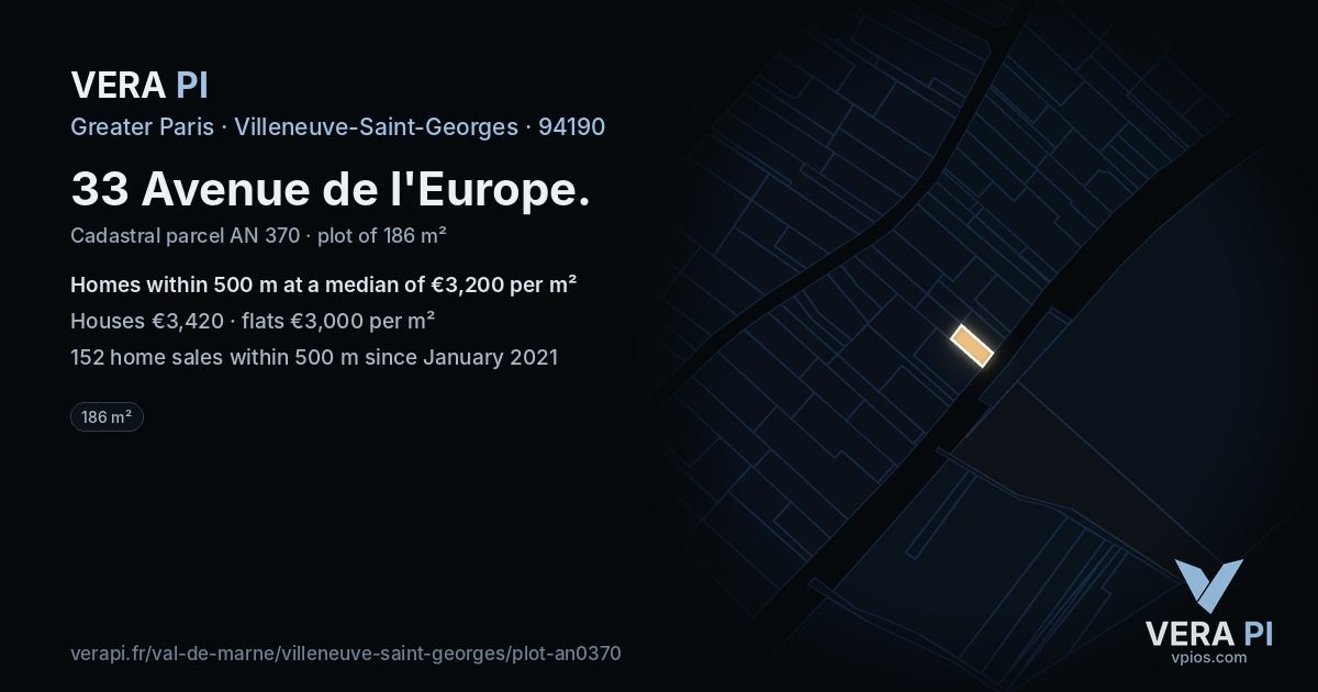 33 Avenue de l'Europe, Villeneuve-Saint-Georges at night – the plot lit, the parcels around coloured by the prices near them
