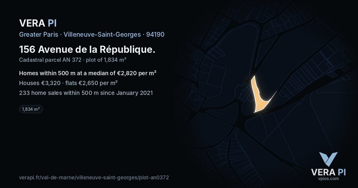 156 Avenue de la République, Villeneuve-Saint-Georges at night – the plot lit, the parcels around coloured by the prices near them