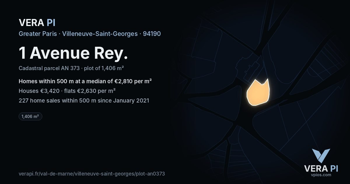 1 Avenue Rey, Villeneuve-Saint-Georges at night – the plot lit, the parcels around coloured by the prices near them