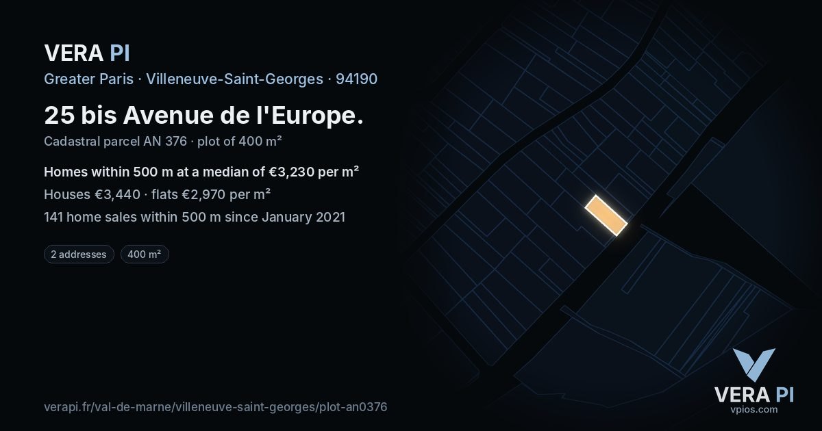 25 bis Avenue de l'Europe, Villeneuve-Saint-Georges at night – the plot lit, the parcels around coloured by the prices near them