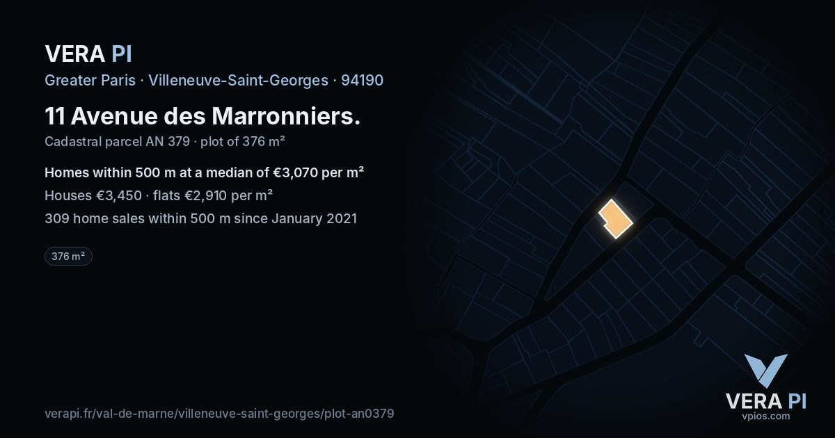11 Avenue des Marronniers, Villeneuve-Saint-Georges at night – the plot lit, the parcels around coloured by the prices near them