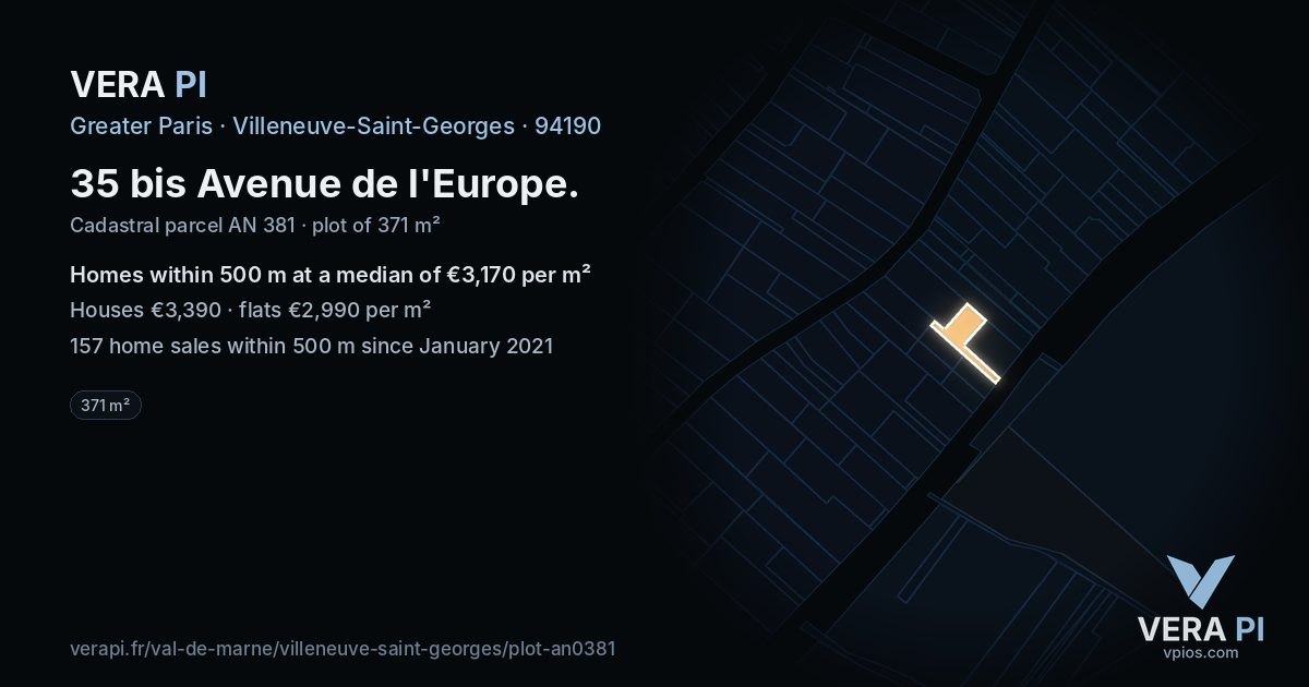 35 bis Avenue de l'Europe, Villeneuve-Saint-Georges at night – the plot lit, the parcels around coloured by the prices near them