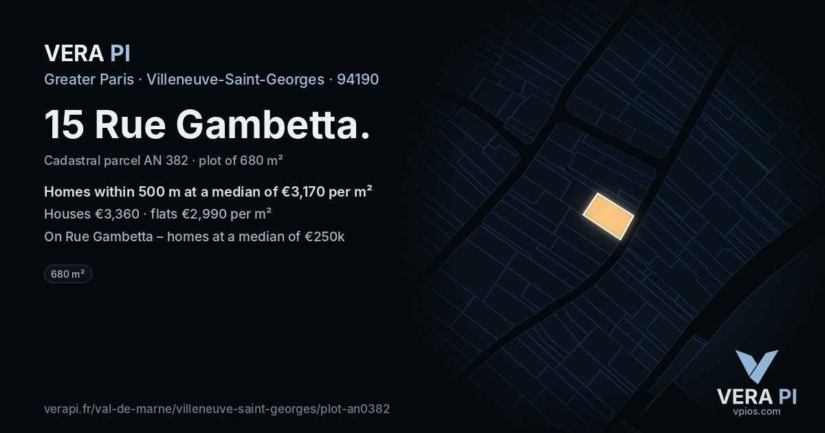 15 Rue Gambetta, Villeneuve-Saint-Georges at night – the plot lit, the parcels around coloured by the prices near them