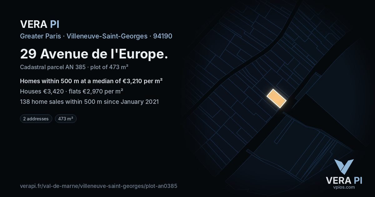 29 Avenue de l'Europe, Villeneuve-Saint-Georges at night – the plot lit, the parcels around coloured by the prices near them