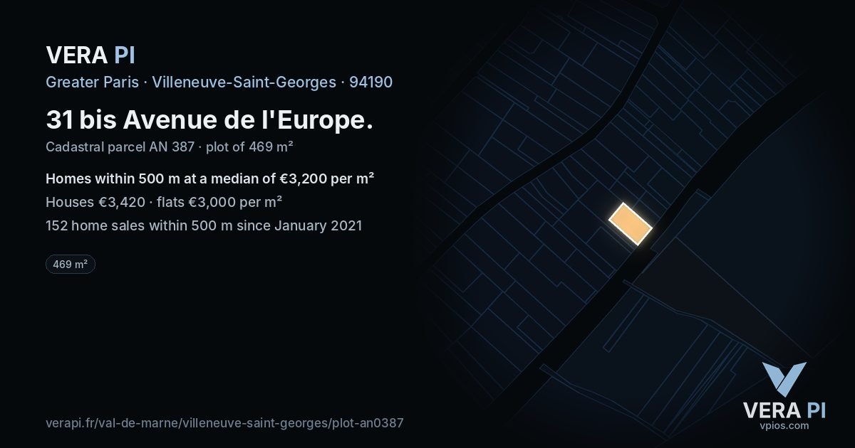 31 bis Avenue de l'Europe, Villeneuve-Saint-Georges at night – the plot lit, the parcels around coloured by the prices near them