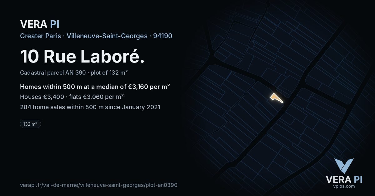 10 Rue Laboré, Villeneuve-Saint-Georges at night – the plot lit, the parcels around coloured by the prices near them