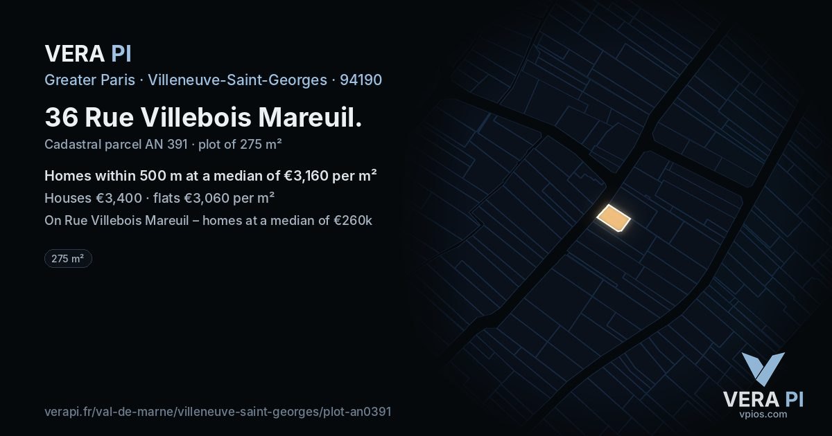 36 Rue Villebois Mareuil, Villeneuve-Saint-Georges at night – the plot lit, the parcels around coloured by the prices near them