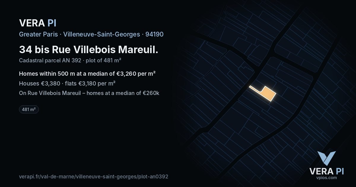 34 bis Rue Villebois Mareuil, Villeneuve-Saint-Georges at night – the plot lit, the parcels around coloured by the prices near them