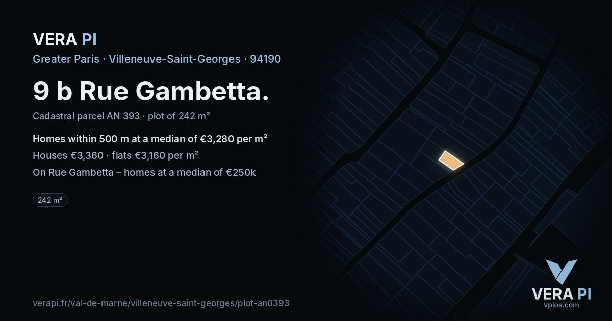 9 b Rue Gambetta, Villeneuve-Saint-Georges at night – the plot lit, the parcels around coloured by the prices near them
