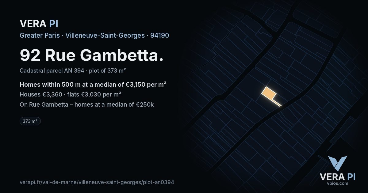 92 Rue Gambetta, Villeneuve-Saint-Georges at night – the plot lit, the parcels around coloured by the prices near them