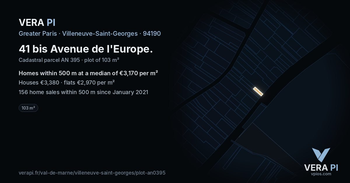 41 bis Avenue de l'Europe, Villeneuve-Saint-Georges at night – the plot lit, the parcels around coloured by the prices near them