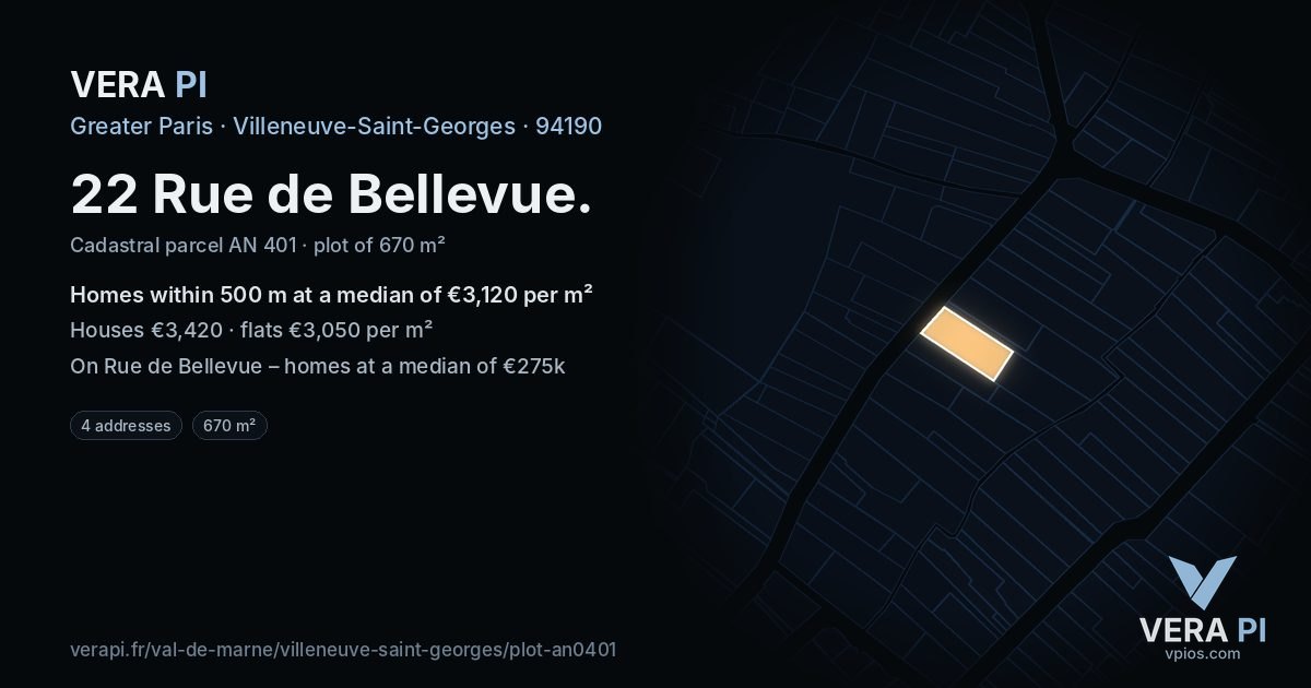 22 Rue de Bellevue, Villeneuve-Saint-Georges at night – the plot lit, the parcels around coloured by the prices near them