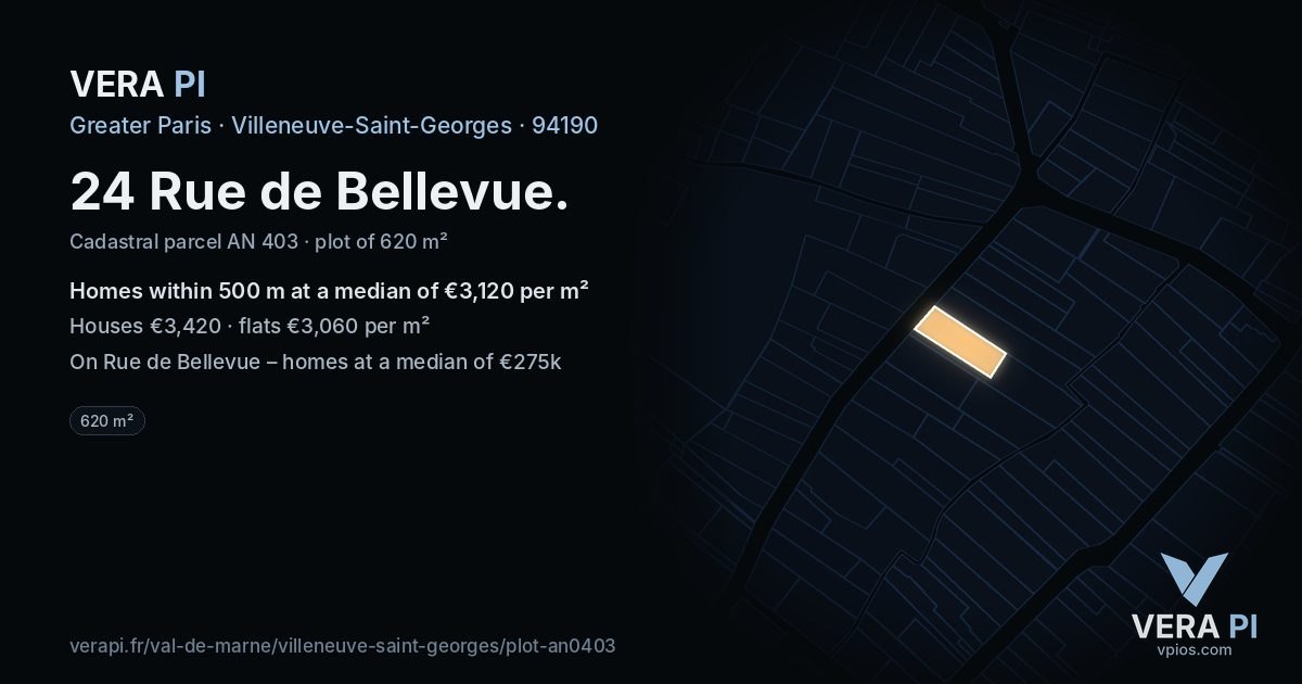 24 Rue de Bellevue, Villeneuve-Saint-Georges at night – the plot lit, the parcels around coloured by the prices near them
