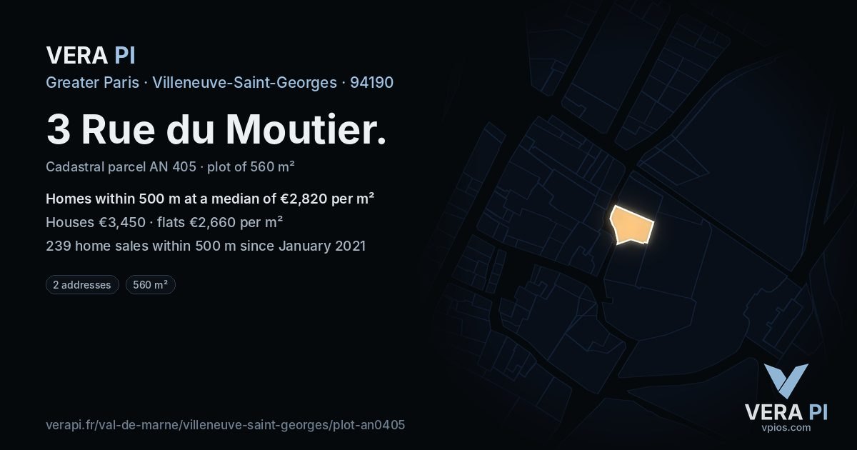 3 Rue du Moutier, Villeneuve-Saint-Georges at night – the plot lit, the parcels around coloured by the prices near them