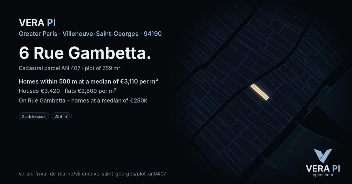 6 Rue Gambetta, Villeneuve-Saint-Georges at night – the plot lit, the parcels around coloured by the prices near them