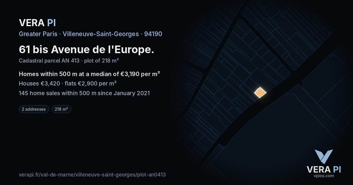 61 bis Avenue de l'Europe, Villeneuve-Saint-Georges at night – the plot lit, the parcels around coloured by the prices near them