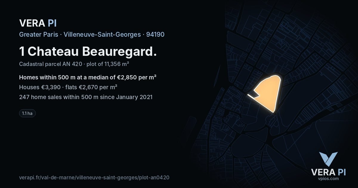 1 Chateau Beauregard, Villeneuve-Saint-Georges at night – the plot lit, the parcels around coloured by the prices near them