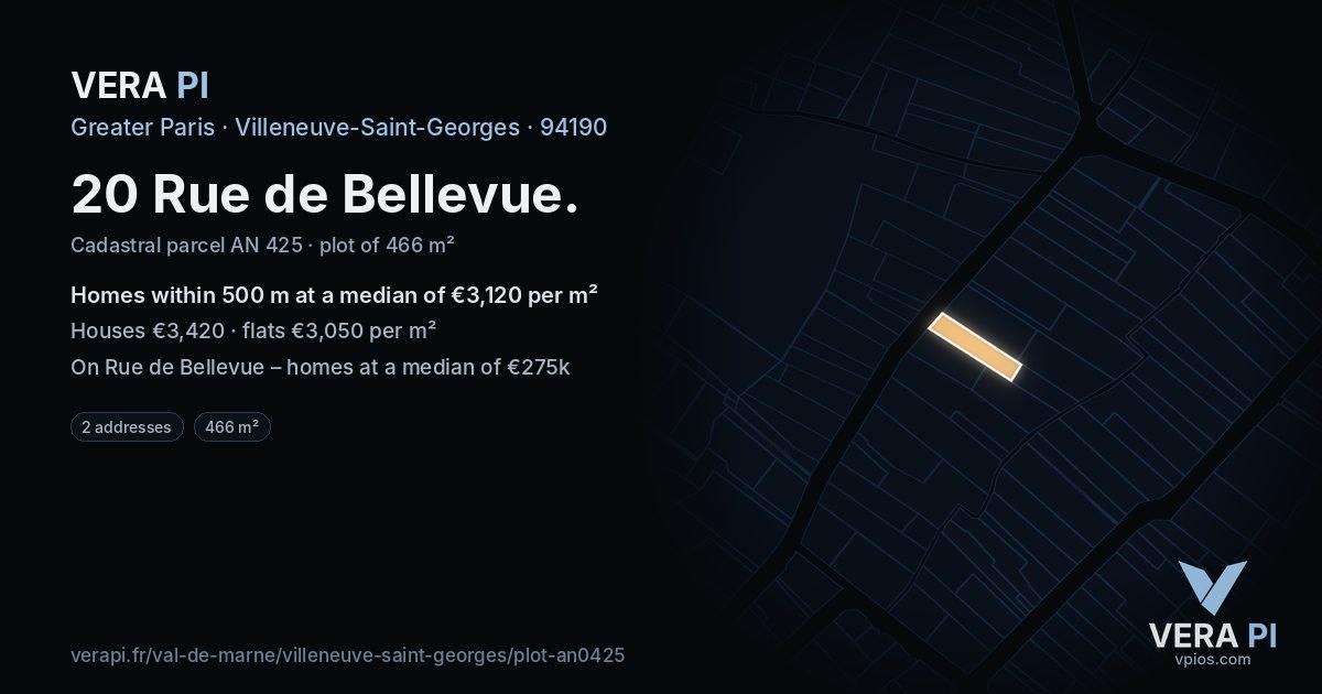 20 Rue de Bellevue, Villeneuve-Saint-Georges at night – the plot lit, the parcels around coloured by the prices near them