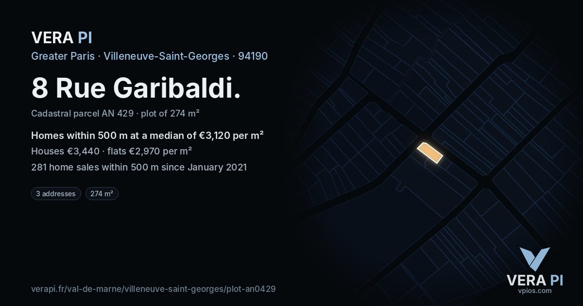 8 Rue Garibaldi, Villeneuve-Saint-Georges at night – the plot lit, the parcels around coloured by the prices near them