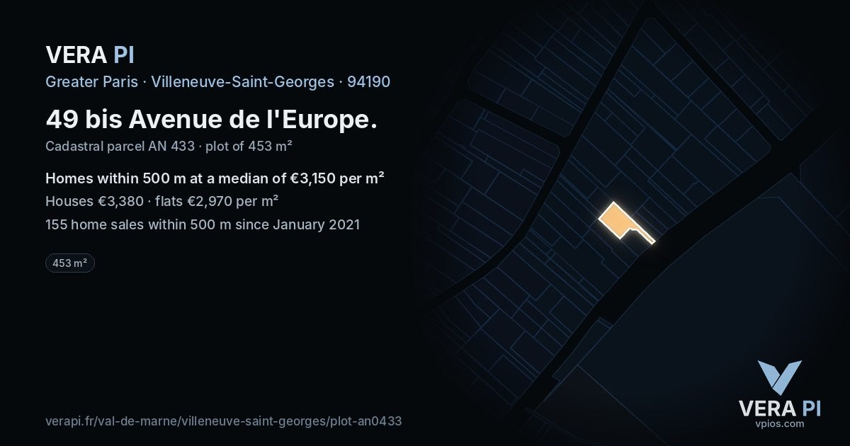 49 bis Avenue de l'Europe, Villeneuve-Saint-Georges at night – the plot lit, the parcels around coloured by the prices near them