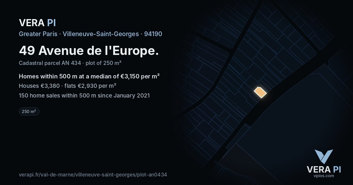 49 Avenue de l'Europe, Villeneuve-Saint-Georges at night – the plot lit, the parcels around coloured by the prices near them
