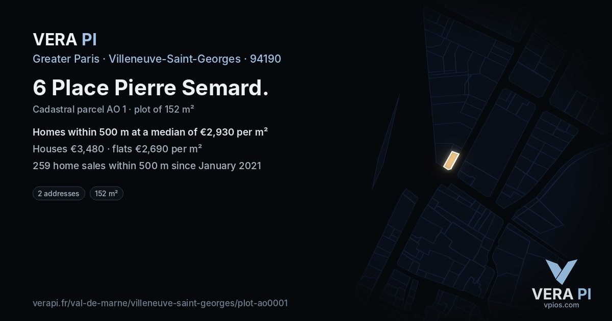 6 Place Pierre Semard, Villeneuve-Saint-Georges at night – the plot lit, the parcels around coloured by the prices near them