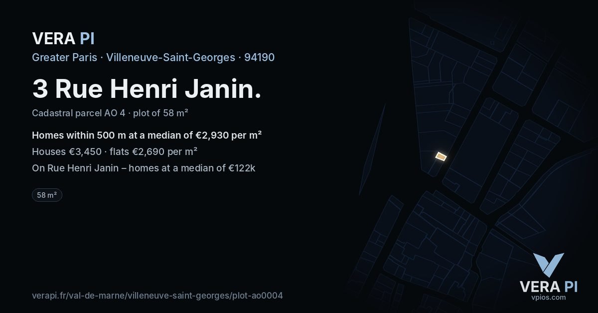 3 Rue Henri Janin, Villeneuve-Saint-Georges at night – the plot lit, the parcels around coloured by the prices near them