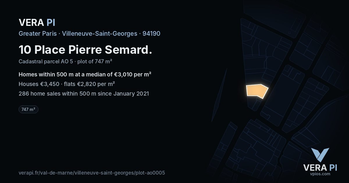 10 Place Pierre Semard, Villeneuve-Saint-Georges at night – the plot lit, the parcels around coloured by the prices near them