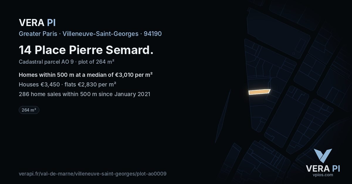 14 Place Pierre Semard, Villeneuve-Saint-Georges at night – the plot lit, the parcels around coloured by the prices near them