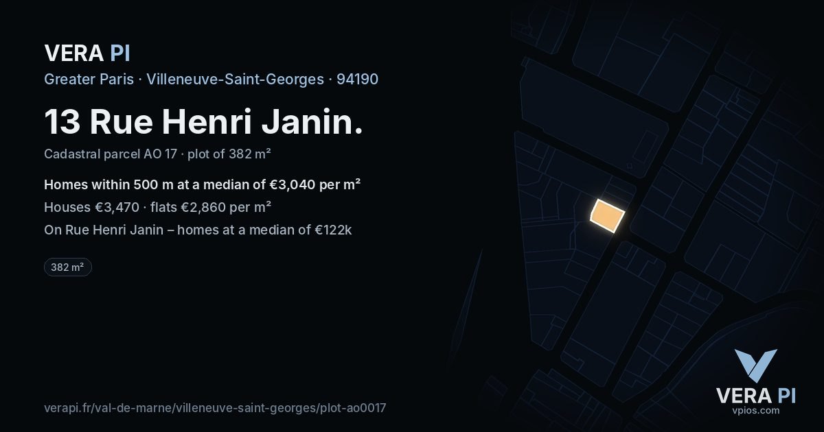 13 Rue Henri Janin, Villeneuve-Saint-Georges at night – the plot lit, the parcels around coloured by the prices near them