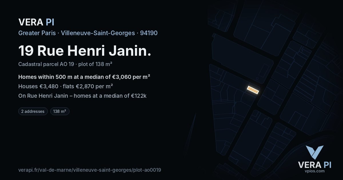 19 Rue Henri Janin, Villeneuve-Saint-Georges at night – the plot lit, the parcels around coloured by the prices near them